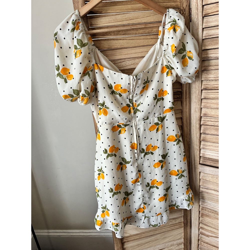 City Studio Lemon Polka Dot Cottagecore Puff Sleeve Mini Dress White Yellow 11